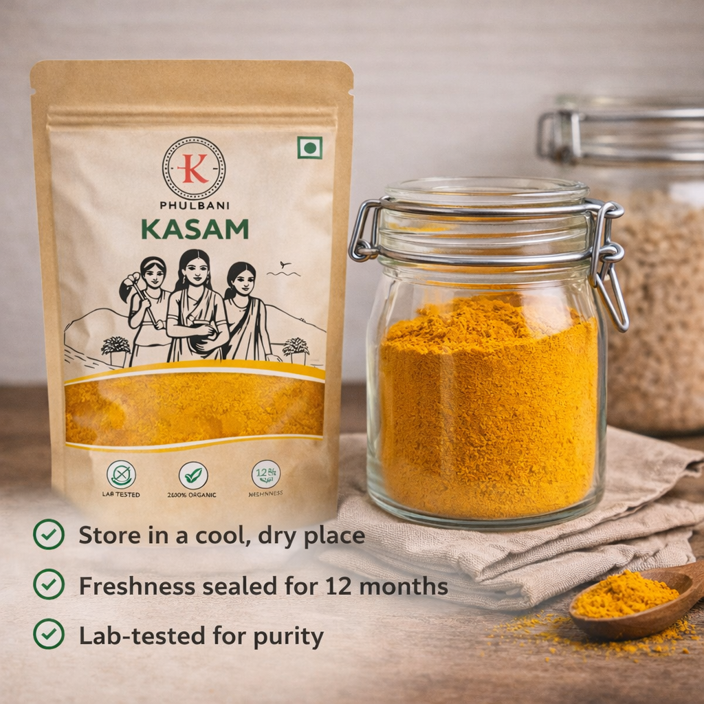 Kasam turmeric powder packaging with a jar of turmeric powder on a wooden surface.