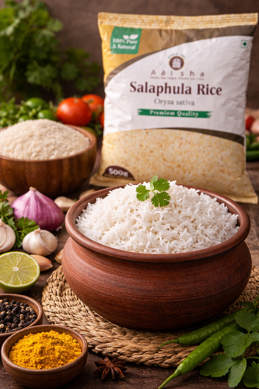 A bowl of rice with a package of Aashish Salaphula Rice on a wooden table with ingredients.