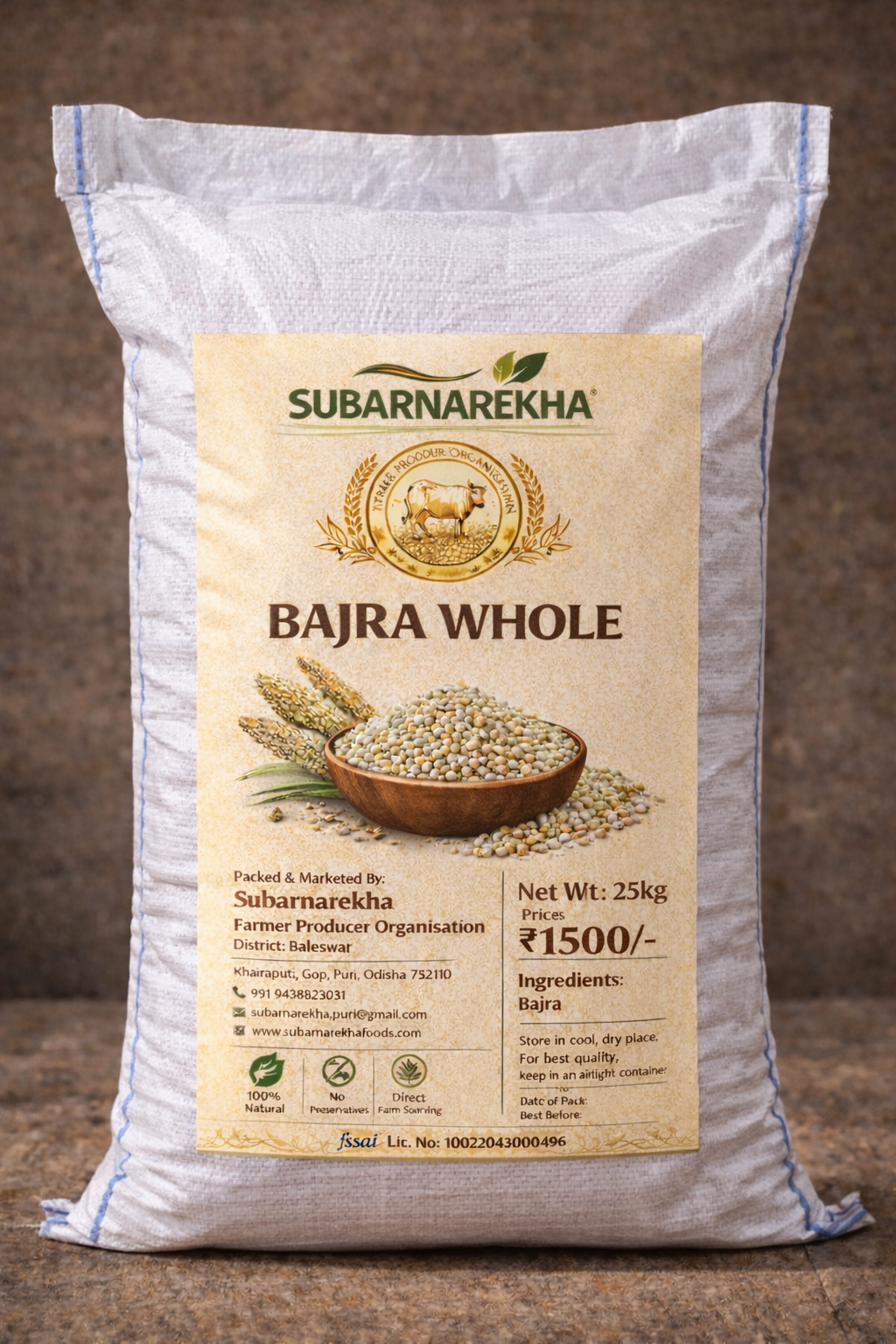 Bag of Subarnarekha Bajra Whole with a brown label on a dark background