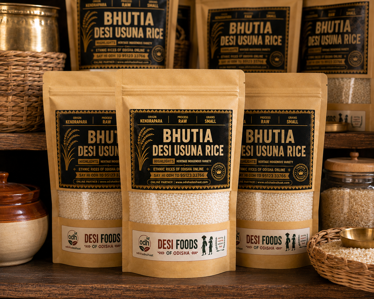 Three stand-up pouches of Bhutia Desi Usuna Rice displayed on a wooden shelf.
