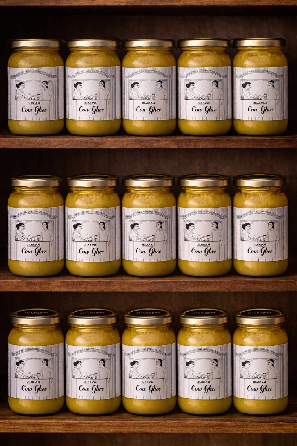 Shelf with multiple jars of a product labeled 'Desi Cow Ghee' on a wooden shelf.