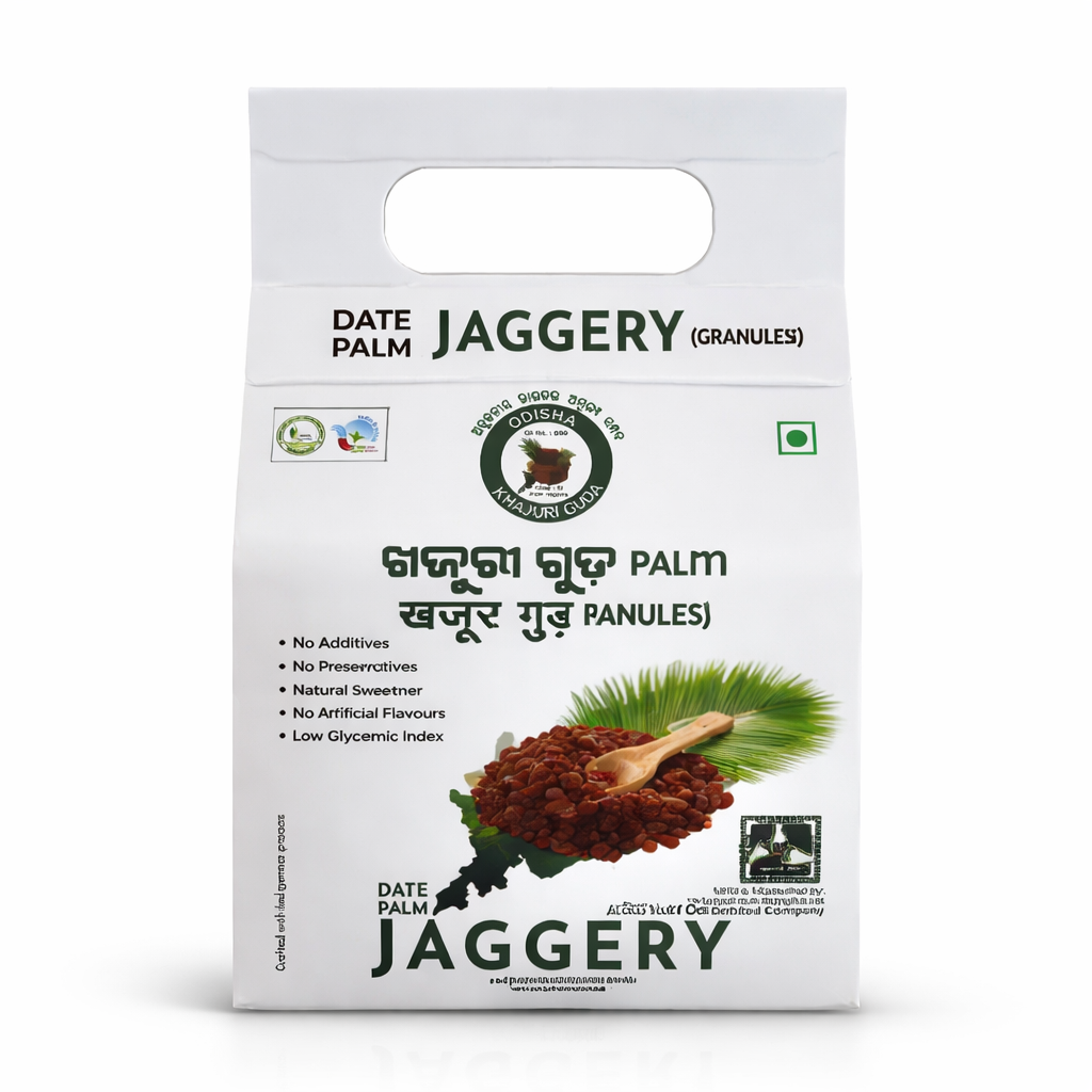 Package of Date Palm Jaggery with text and images on a white background