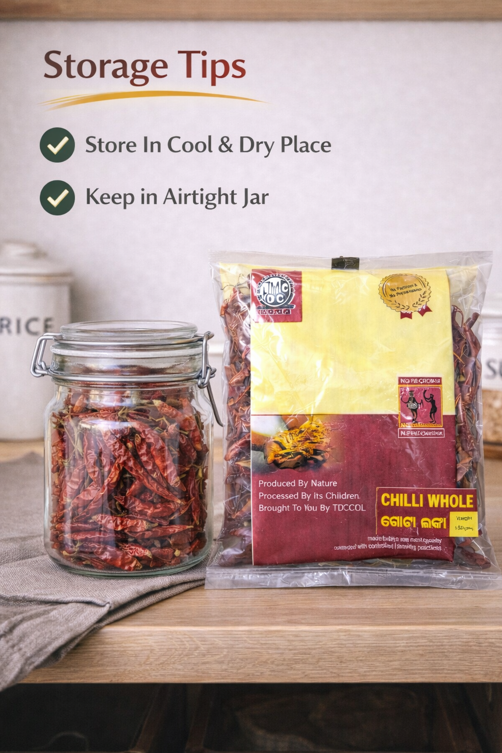 Packaged chili whole with storage tips on a kitchen counter