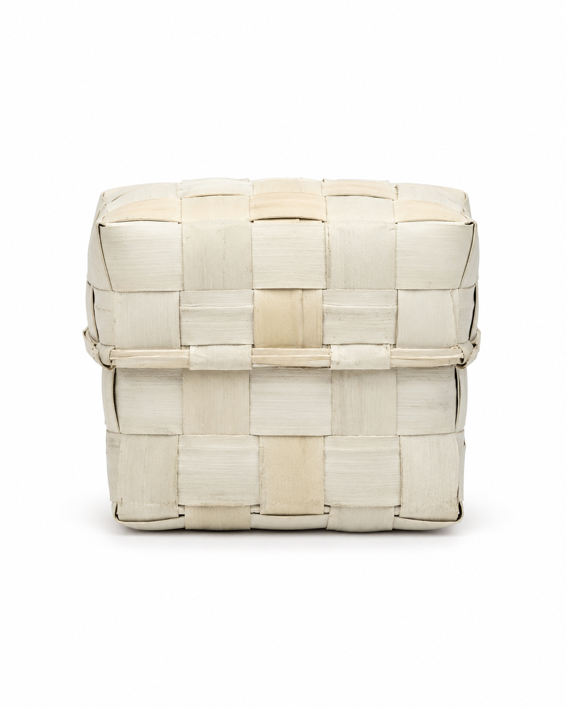 A square woven basket bag in natural beige and off-white tones, featuring a top lid with a front strap closure, photographed on a clean white background.