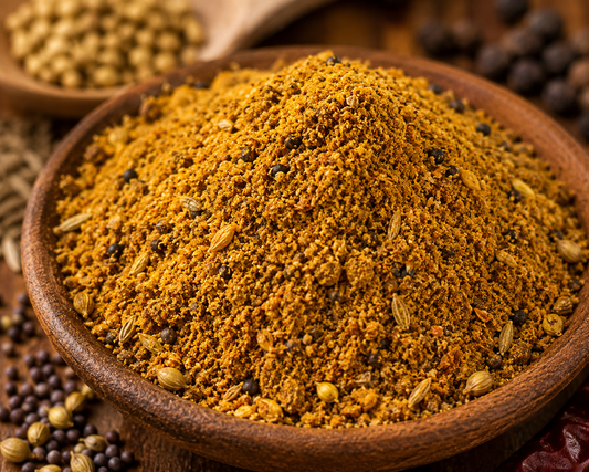 Spice blend in a wooden bowl with various spices around