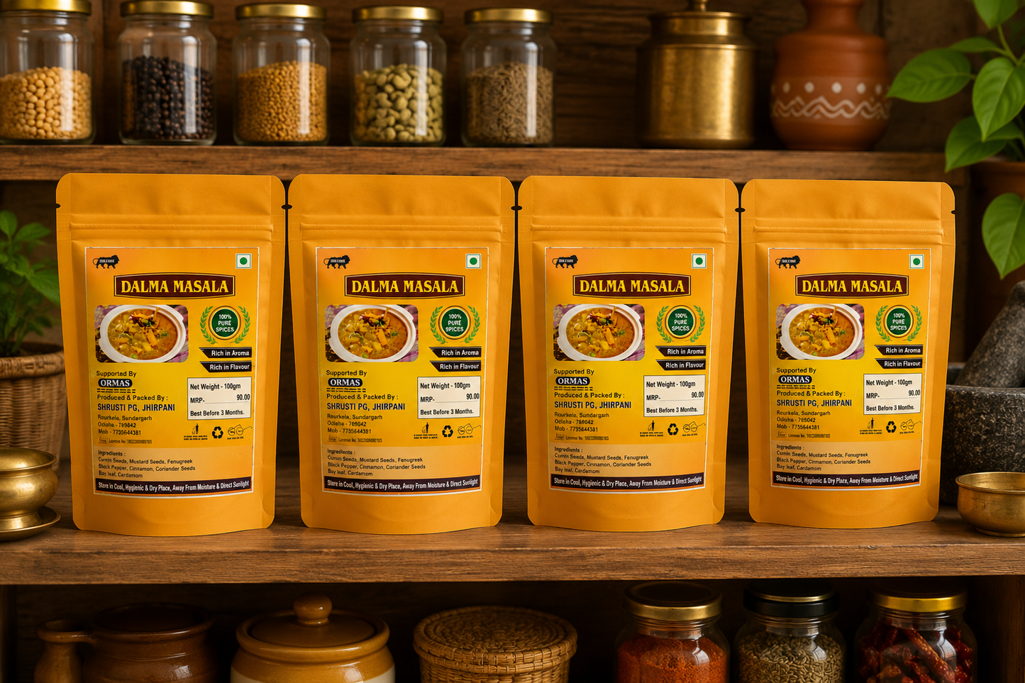 Four yellow packages of Dalma Masala on a wooden shelf with jars in the background.