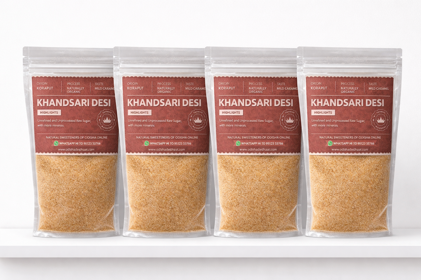 Four packages of Khandsari Desi on a white shelf