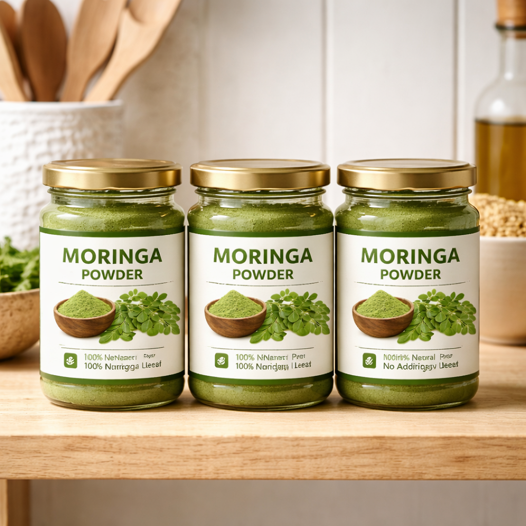 Three jars of Moringa Powder on a wooden shelf with kitchen utensils in the background.