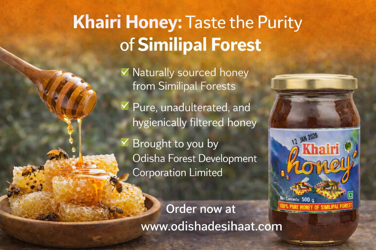 Khairi Honey packaging with honeycomb and honey dripper on a wooden surface, set against a forest background.