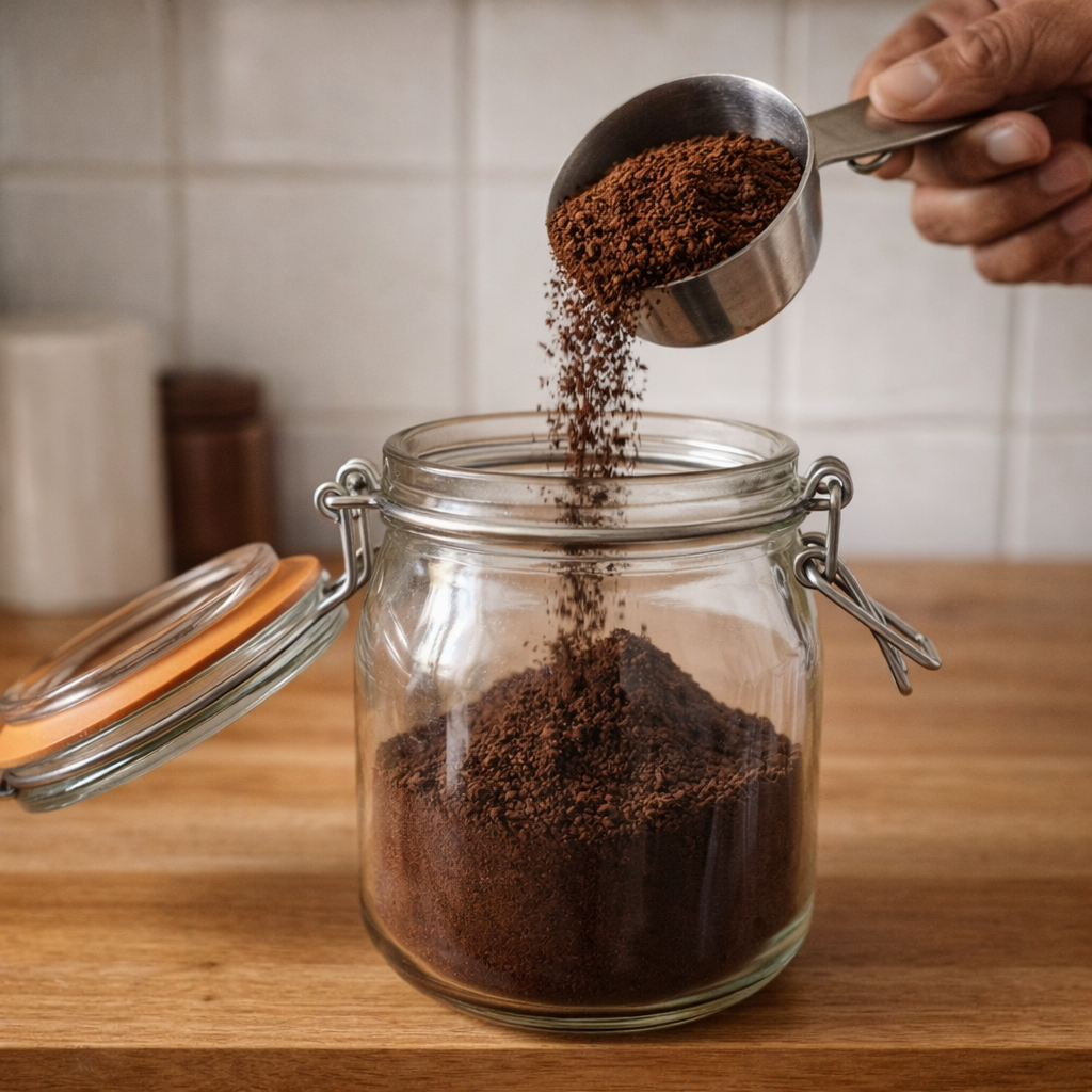 Coffee grounds being poured from a measuring scoop into a glass jar on a wooden surface.