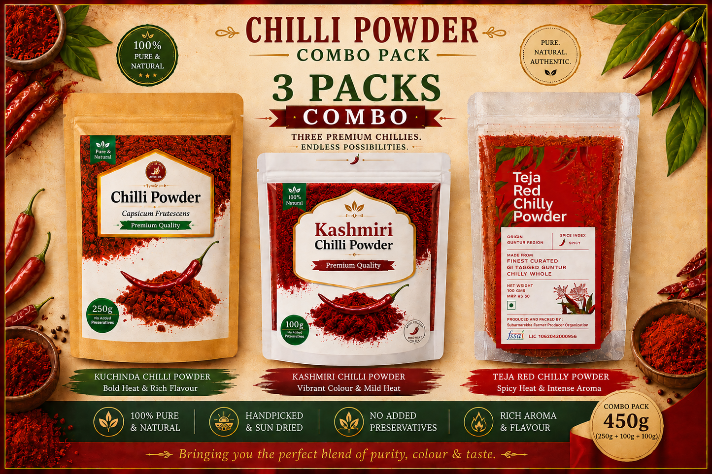 Chili powder combo pack with three different types of chili powder on a decorative background.