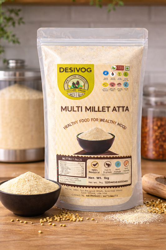 Desivog Multi Millet Atta package on a wooden surface with ingredients around