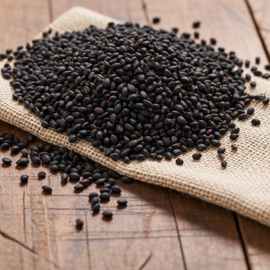 Black seeds on a burlap cloth on a wooden surface