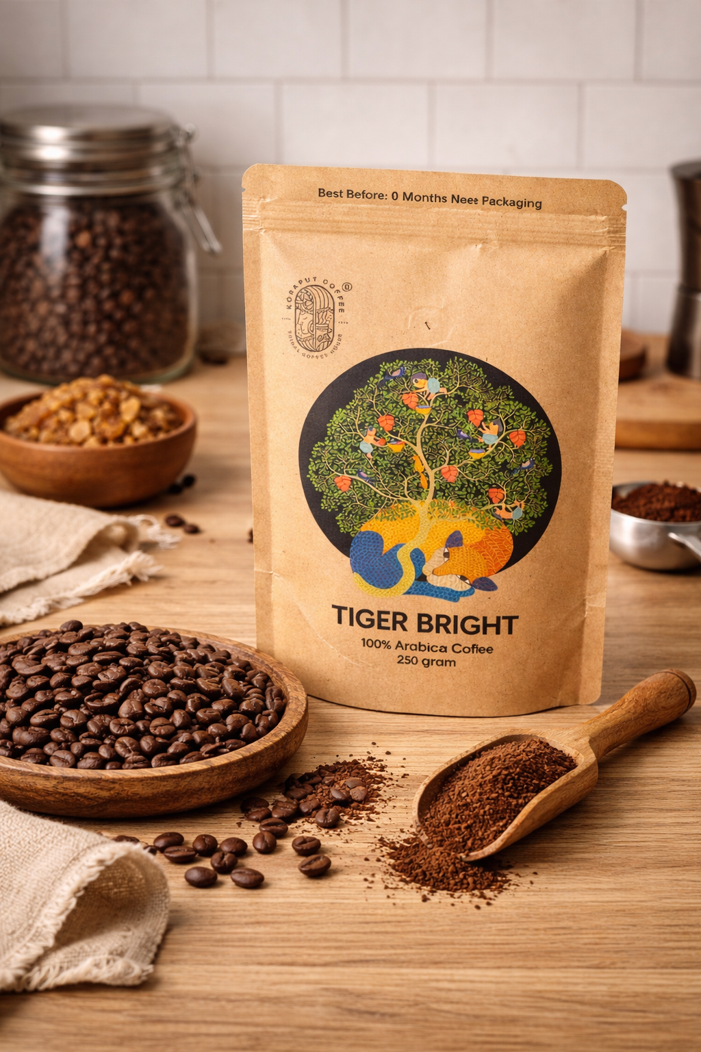 Tiger Bright coffee package on a wooden table with coffee beans and a scoop.