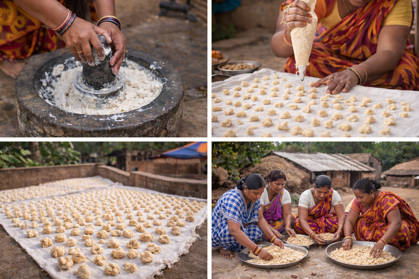 Collage of women preparing food in a rural setting