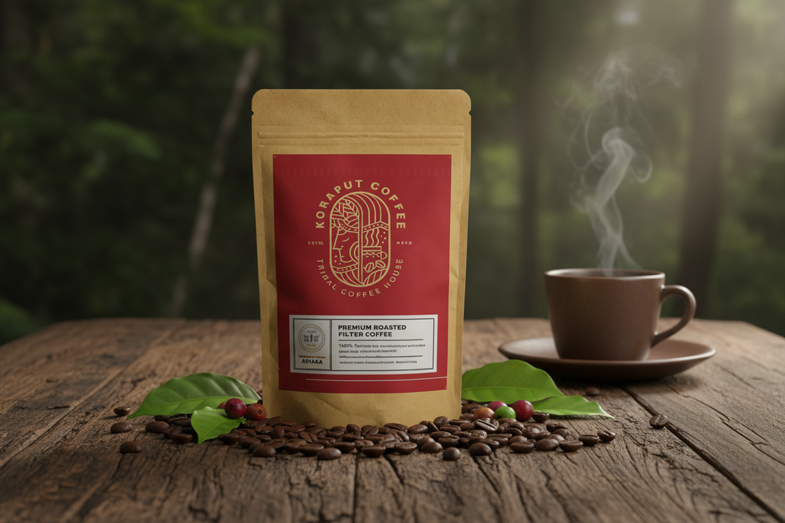 Koraput Coffee Premium Roasted Filter Coffee pouch with steaming cup and coffee beans on rustic wood – Tribal Coffee House Odisha