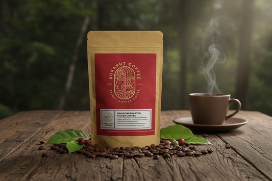 Koraput Coffee Premium Roasted Filter Coffee pouch with steaming cup and coffee beans on rustic wood – Tribal Coffee House Odisha