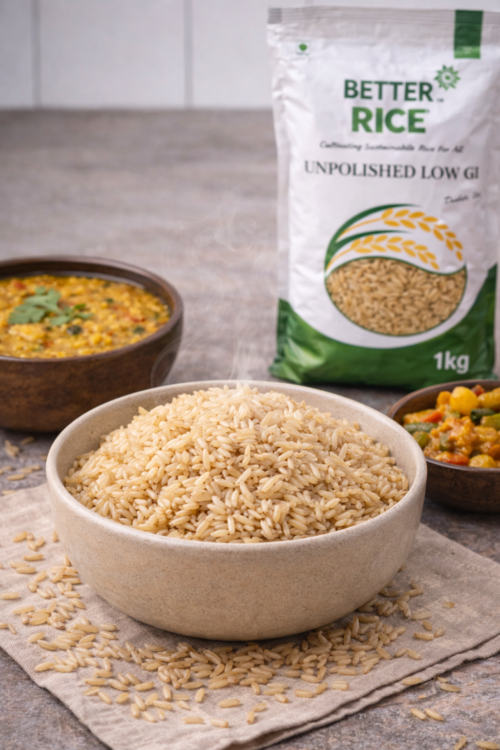 Bowl of unpolished rice with a package of Better Rice in the background.