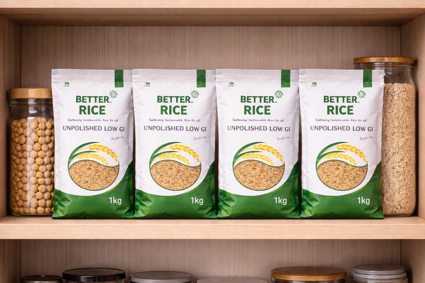 Four packages of 'Better Rice' on a shelf with jars of grains.