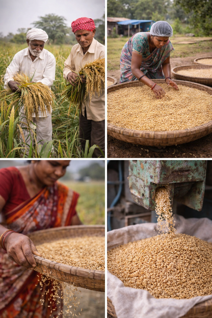 Collage of four images showing people involved in agricultural activities, including harvesting and processing grains.