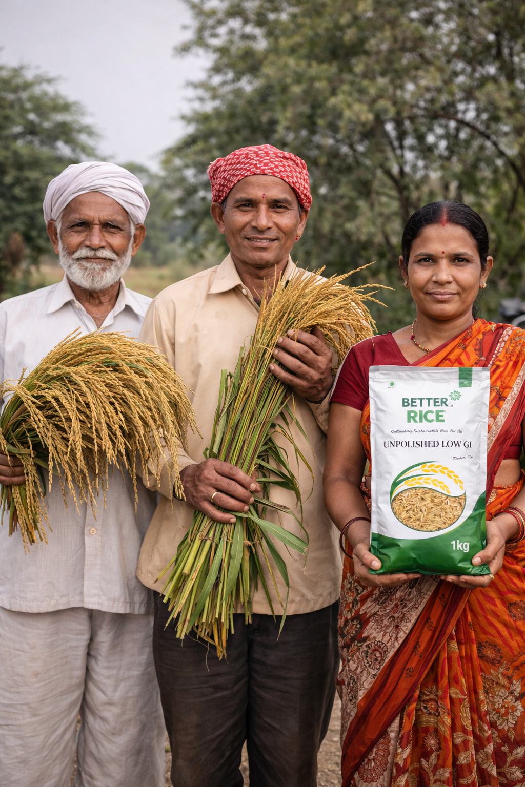Three people holding rice plants and a bag of 'Better Rice' in an outdoor setting.