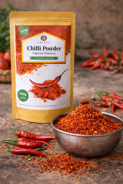 Chili powder package with a bowl of chili powder and red chilies on a rustic background