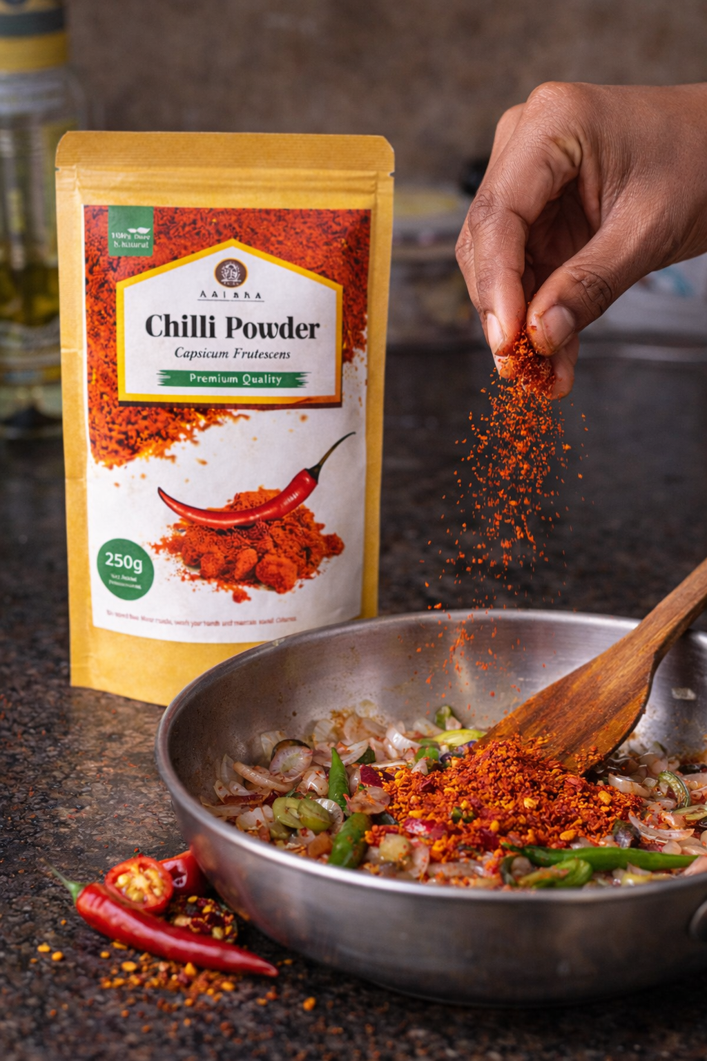 Chili powder being sprinkled into a pan with a package of Balrampur Chilli Powder in the background.