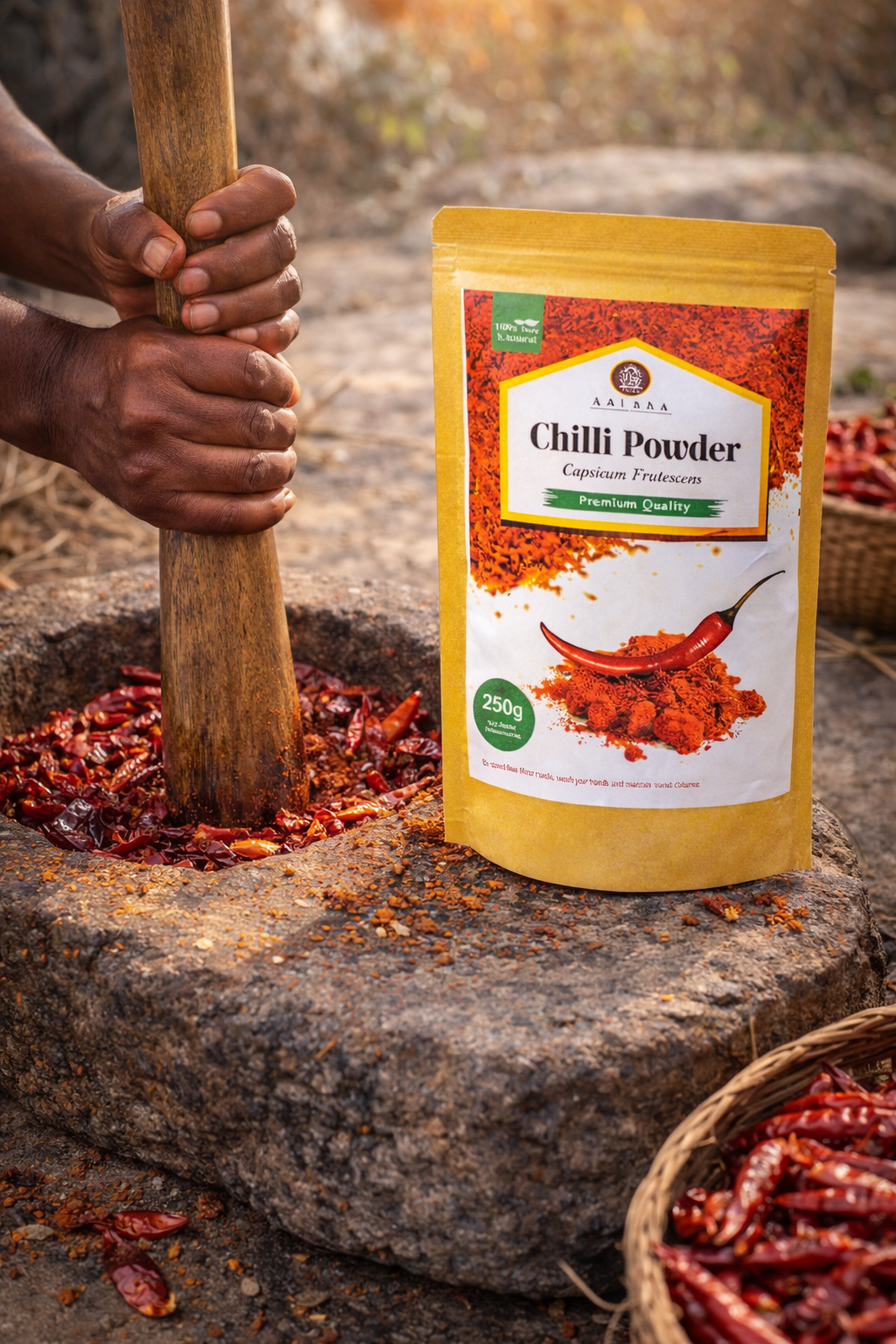 Bag of Laxmi Chilli Powder with a hand holding a wooden pestle and red chilies on a stone surface.