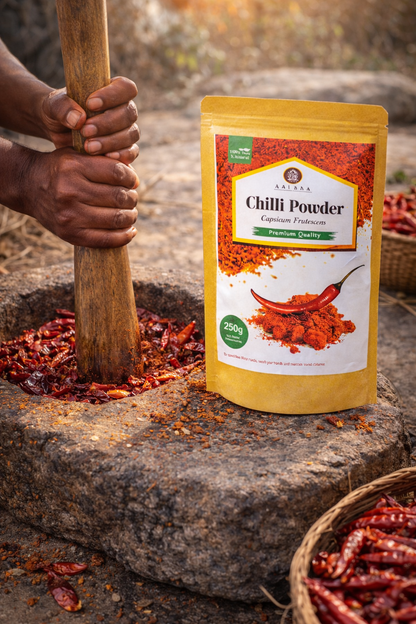 Bag of Laxmi Chilli Powder with a hand holding a wooden pestle and red chilies on a stone surface.