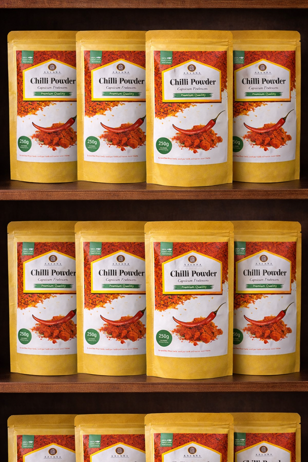 Multiple bags of chili powder on a wooden shelf