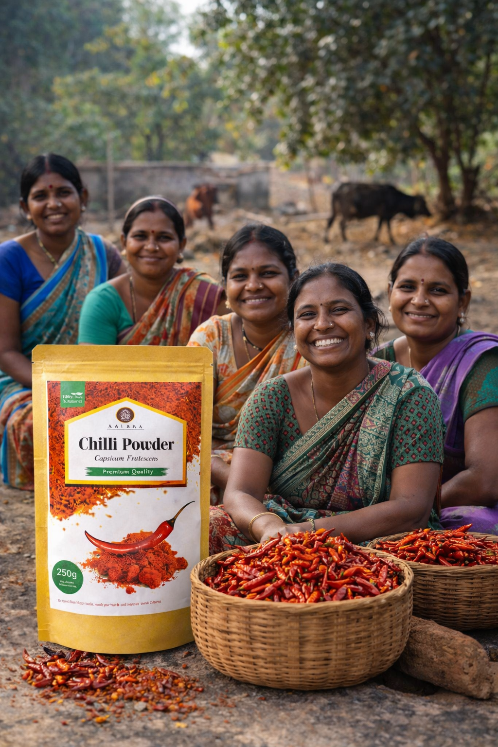 Women with a bag of Chilli Powder and bowls of red chilies in an outdoor setting.