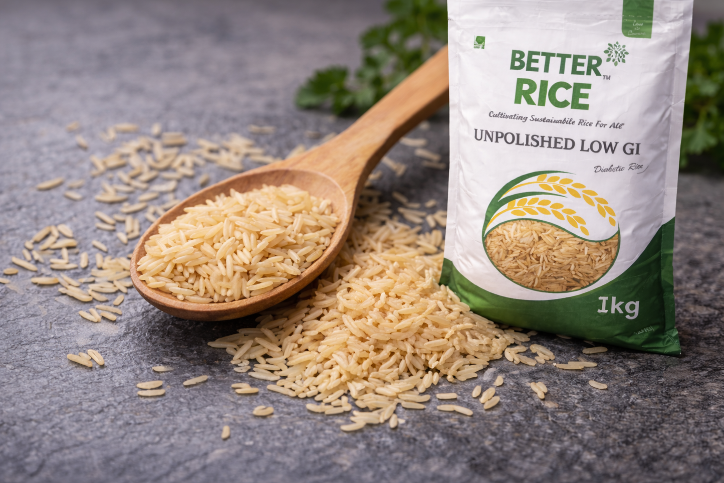 Bag of Better Rice with unpolished rice and a wooden spoon on a dark surface