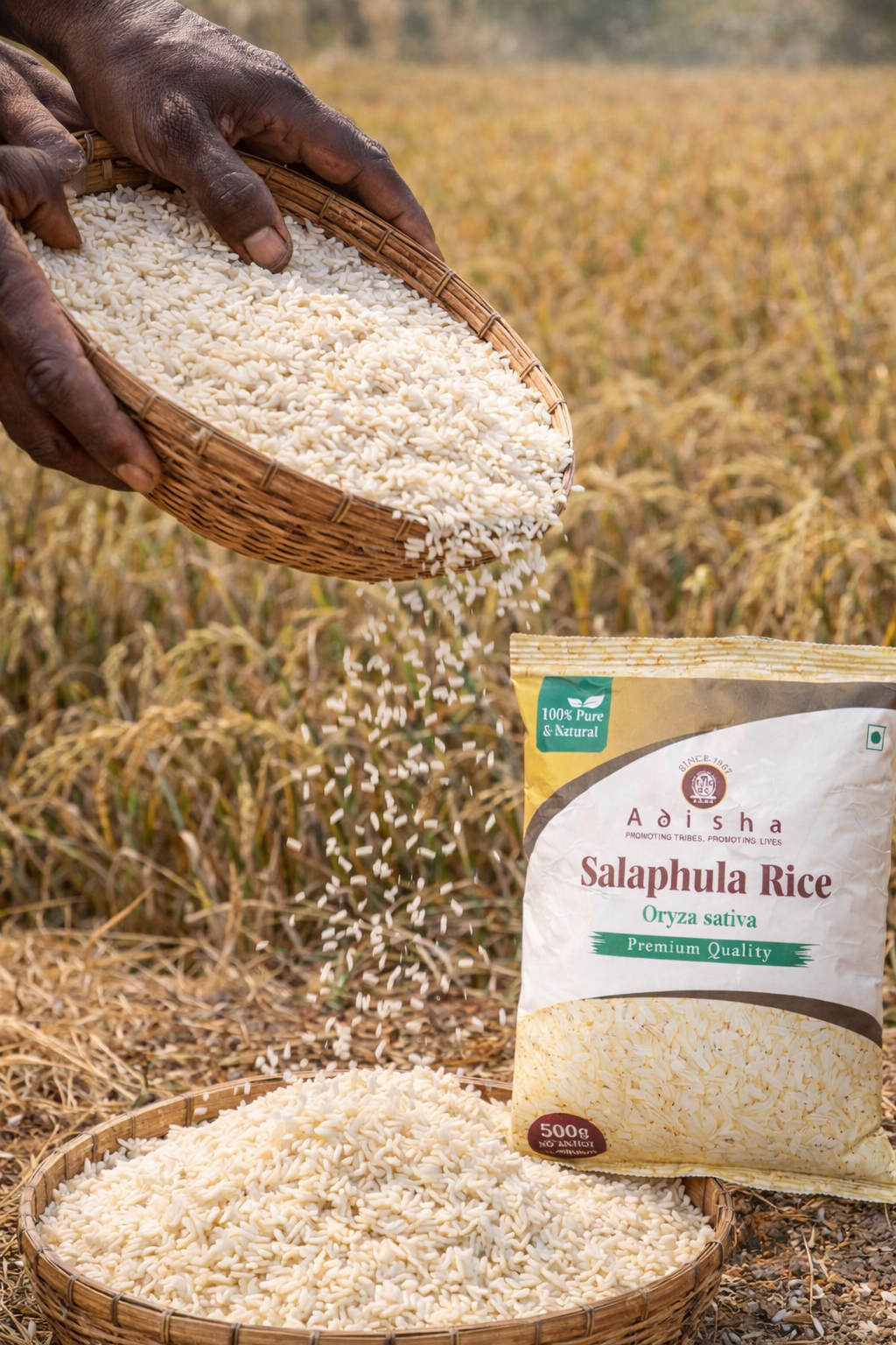 Baskets of rice and a package of Adisha Salaphula Rice in a field