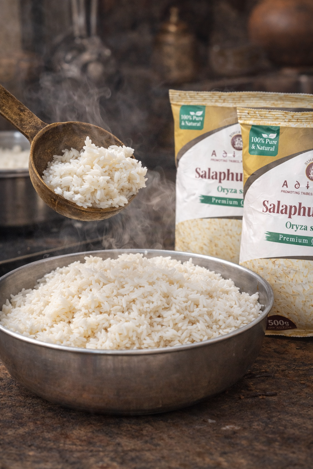 Bowl of rice with a wooden spoon and bags of rice in the background