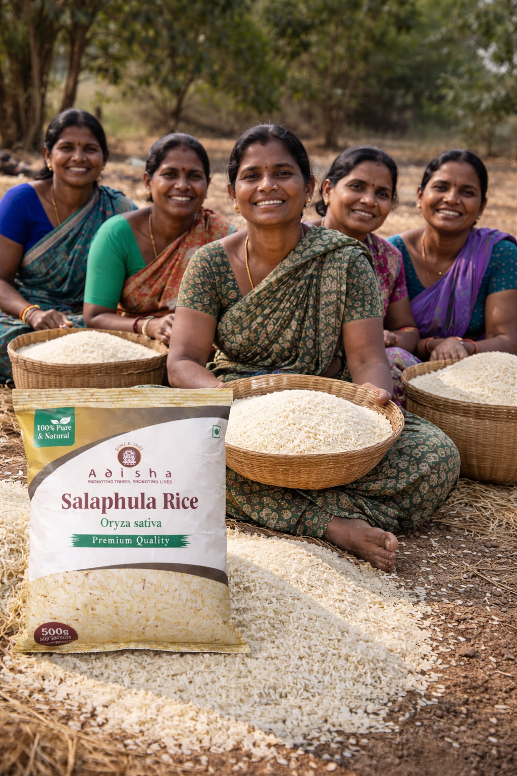 Group of women with bowls of rice and a bag labeled 'Aadisha Salaphula Rice' in an outdoor setting.