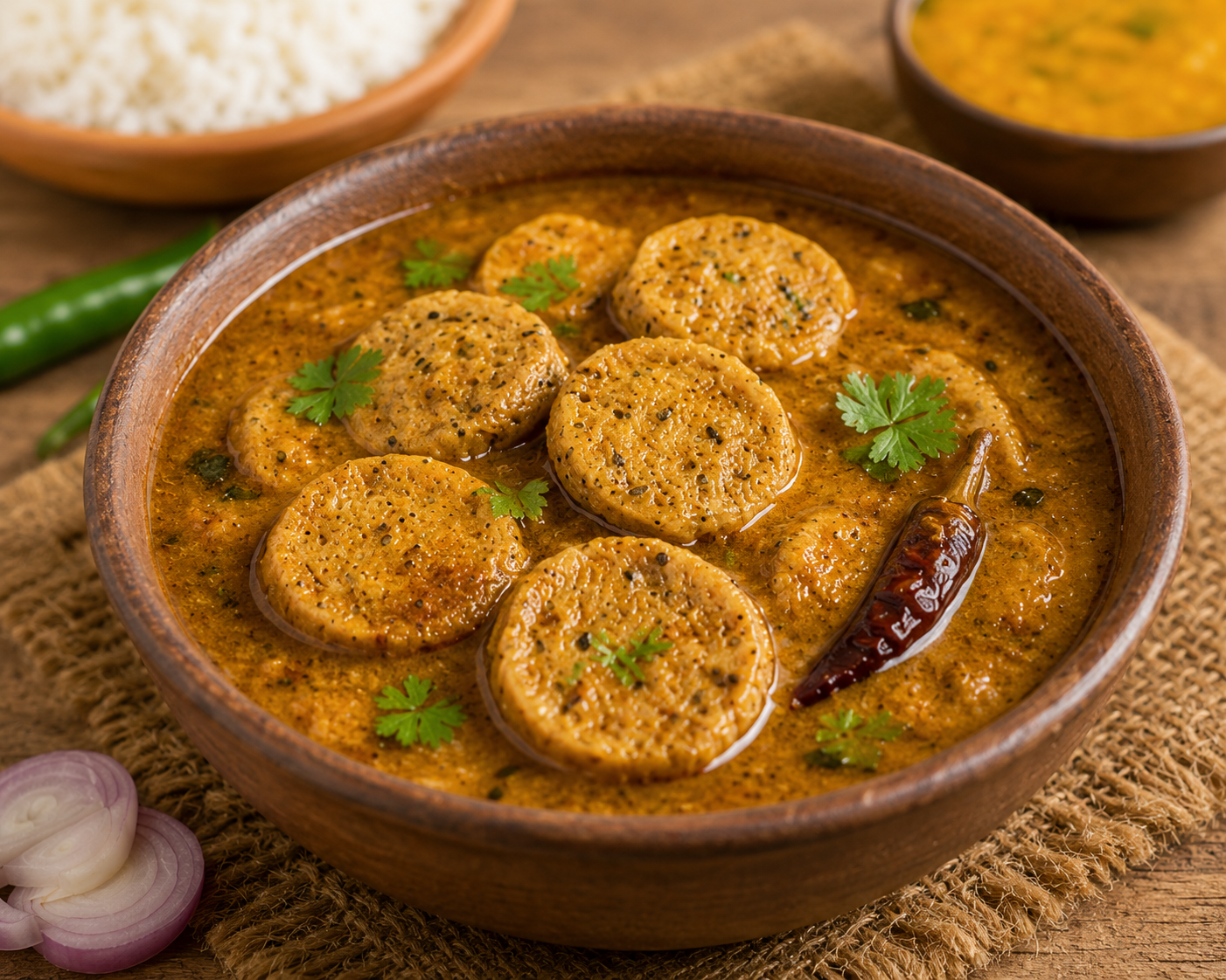Bowl of curry with round pieces of food on a wooden surface