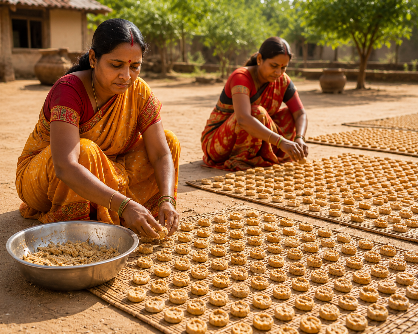 Two women in traditional attire working with food on mats outdoors.
