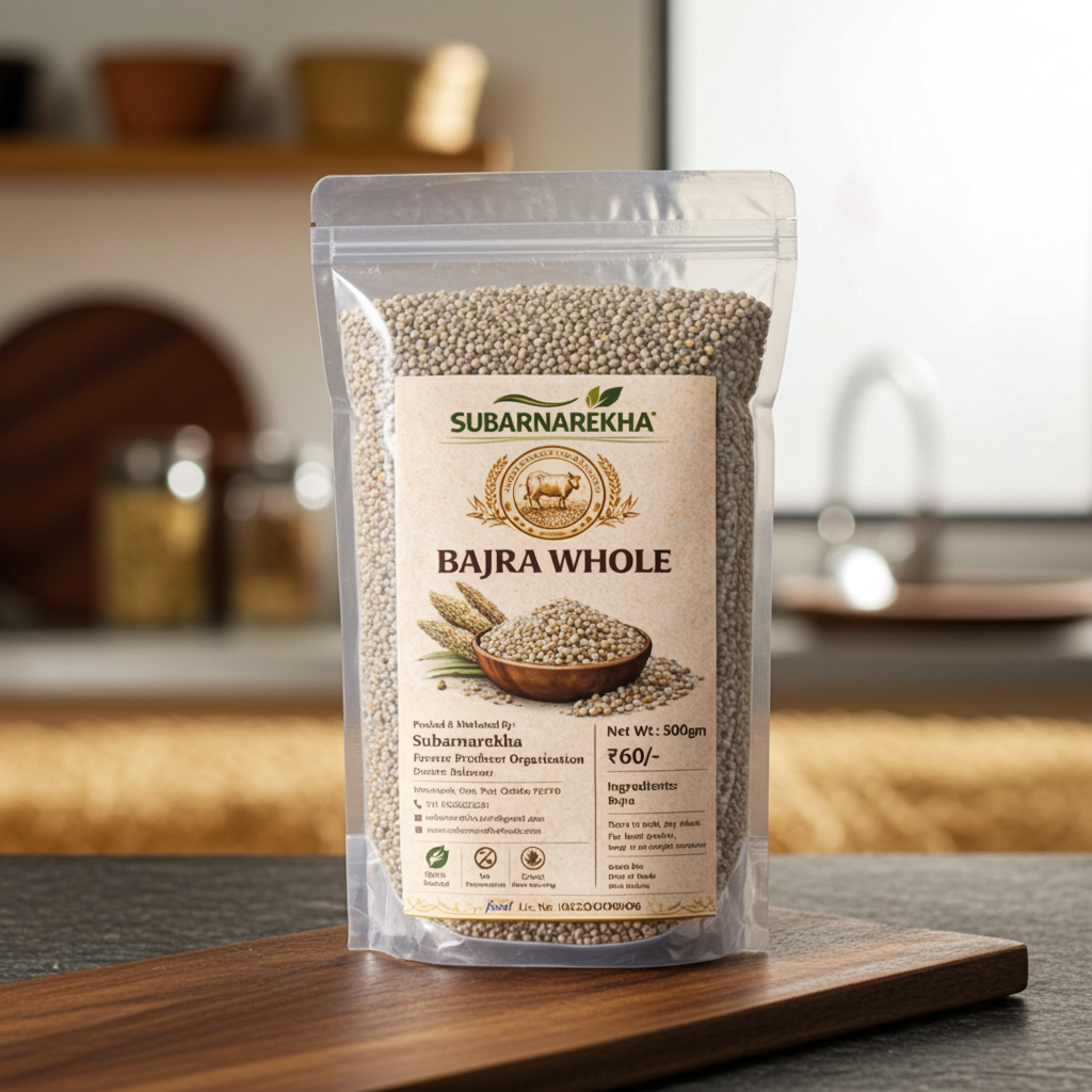 Package of Subarnarekha Bajra Whole on a wooden surface with a blurred kitchen background