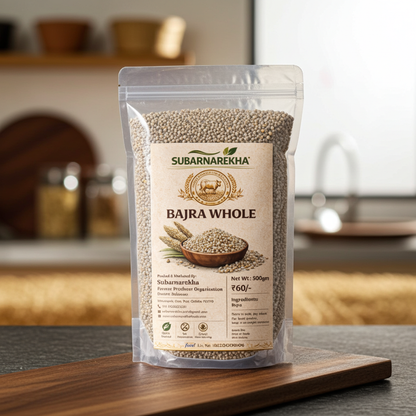 Package of Subarnarekha Bajra Whole on a wooden surface with a blurred kitchen background