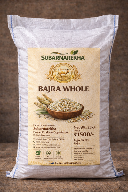Bag of Subarnarekha Bajra Whole with a brown label on a dark background