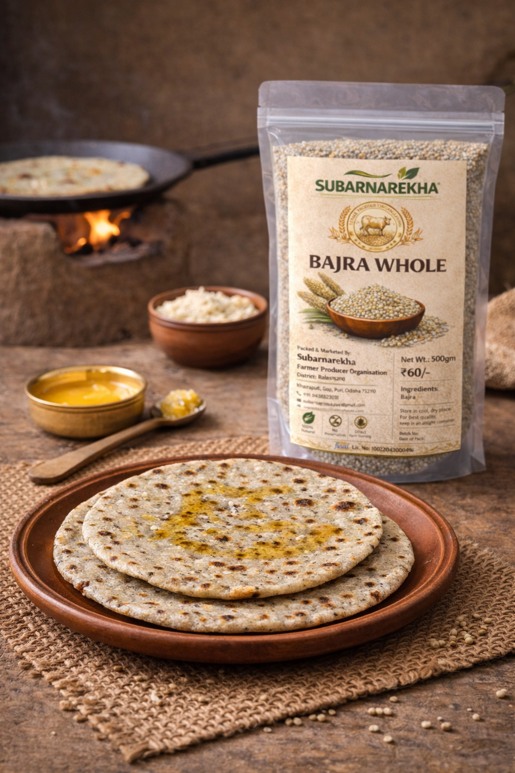 Bajra whole wheat flour package with flatbreads on a wooden surface
