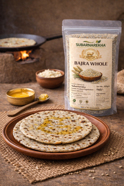 Bajra whole wheat flour package with flatbreads on a wooden surface