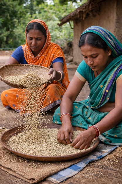Two women sorting grains on large trays outdoors.