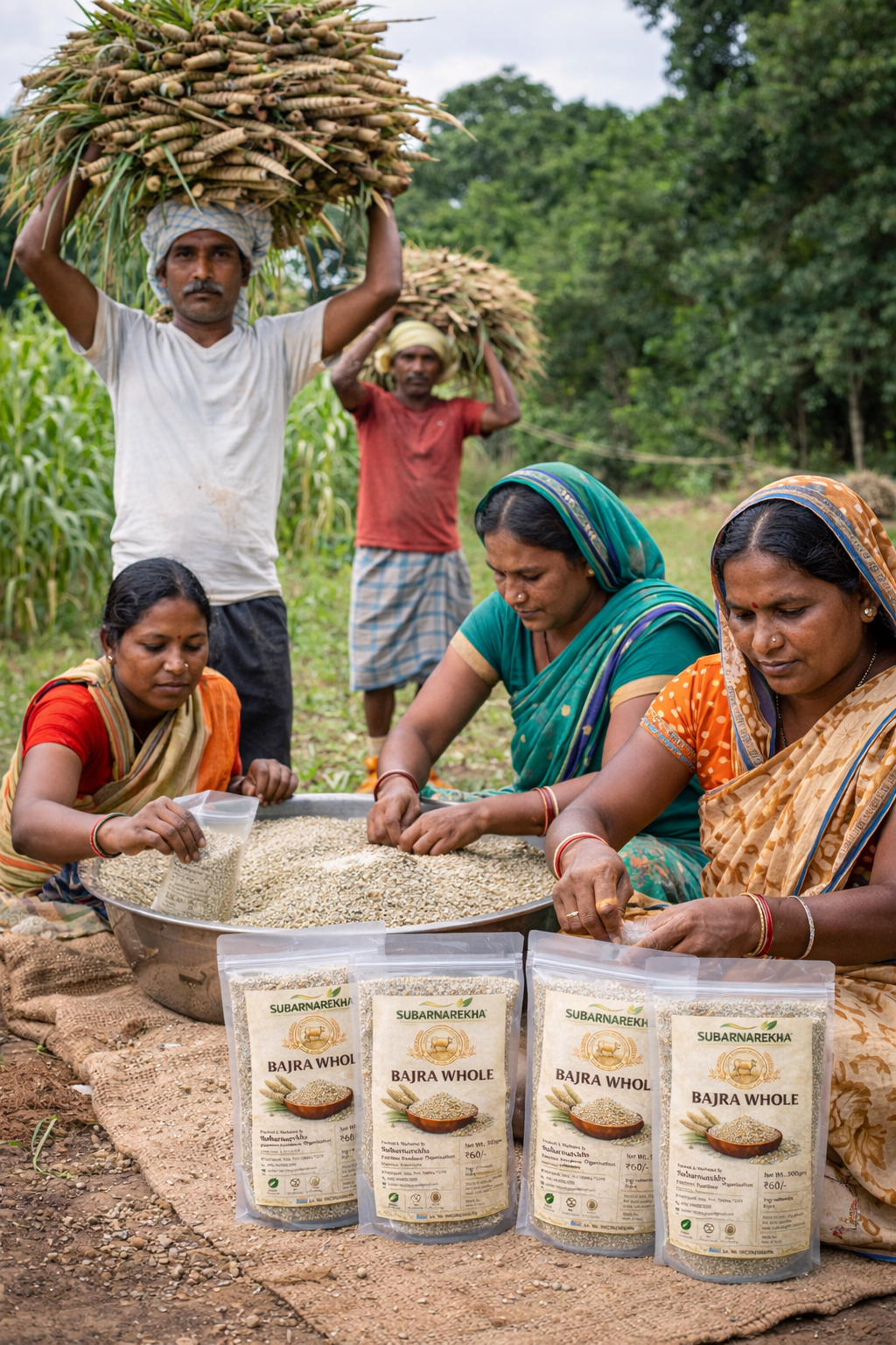 People processing grains outdoors with packages of Bajra Whole in the foreground.