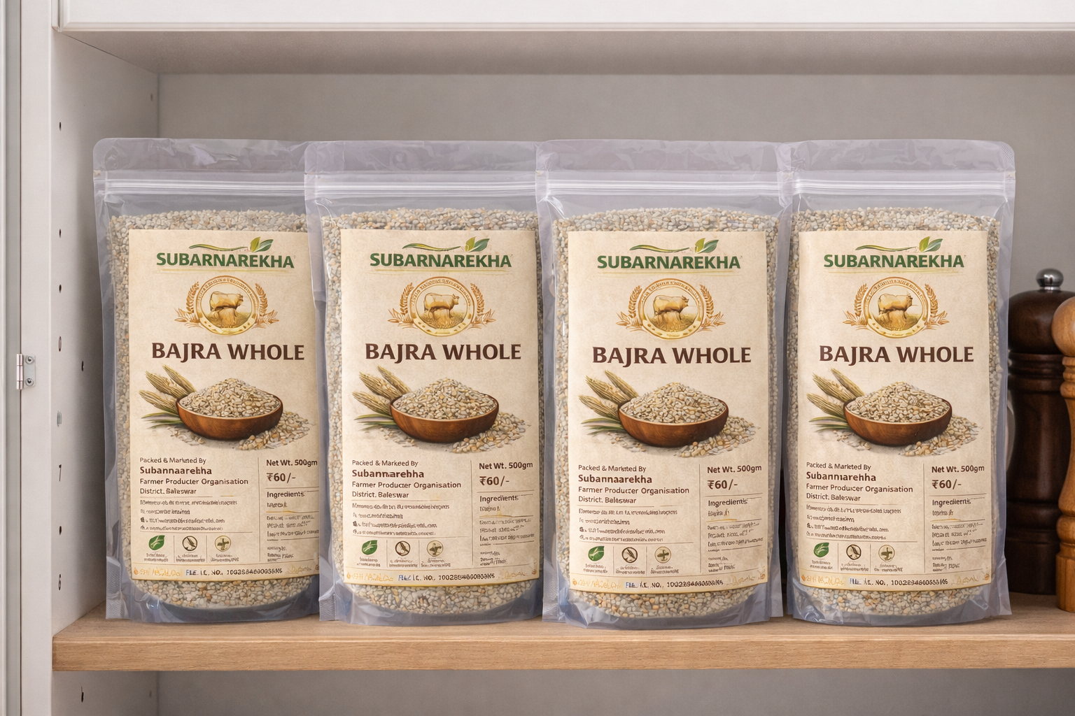 Four packages of Subarnarekha Bajra Whole on a shelf.