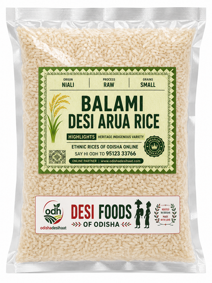 Packaged rice with a label for Balami Desi Arua Rice from Odisha, India.