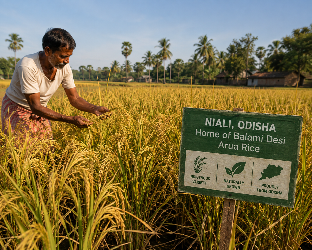 A man in a white shirt and patterned pants walks through a golden rice field beside a green sign that reads 'NIALI, ODISHA Home of Balami Desi Arua Rice.'.
