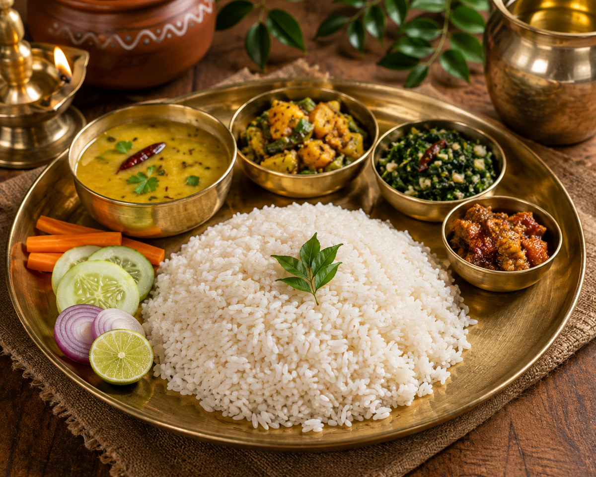 A traditional Indian meal served on a large brass plate, featuring a mound of white rice in the center.