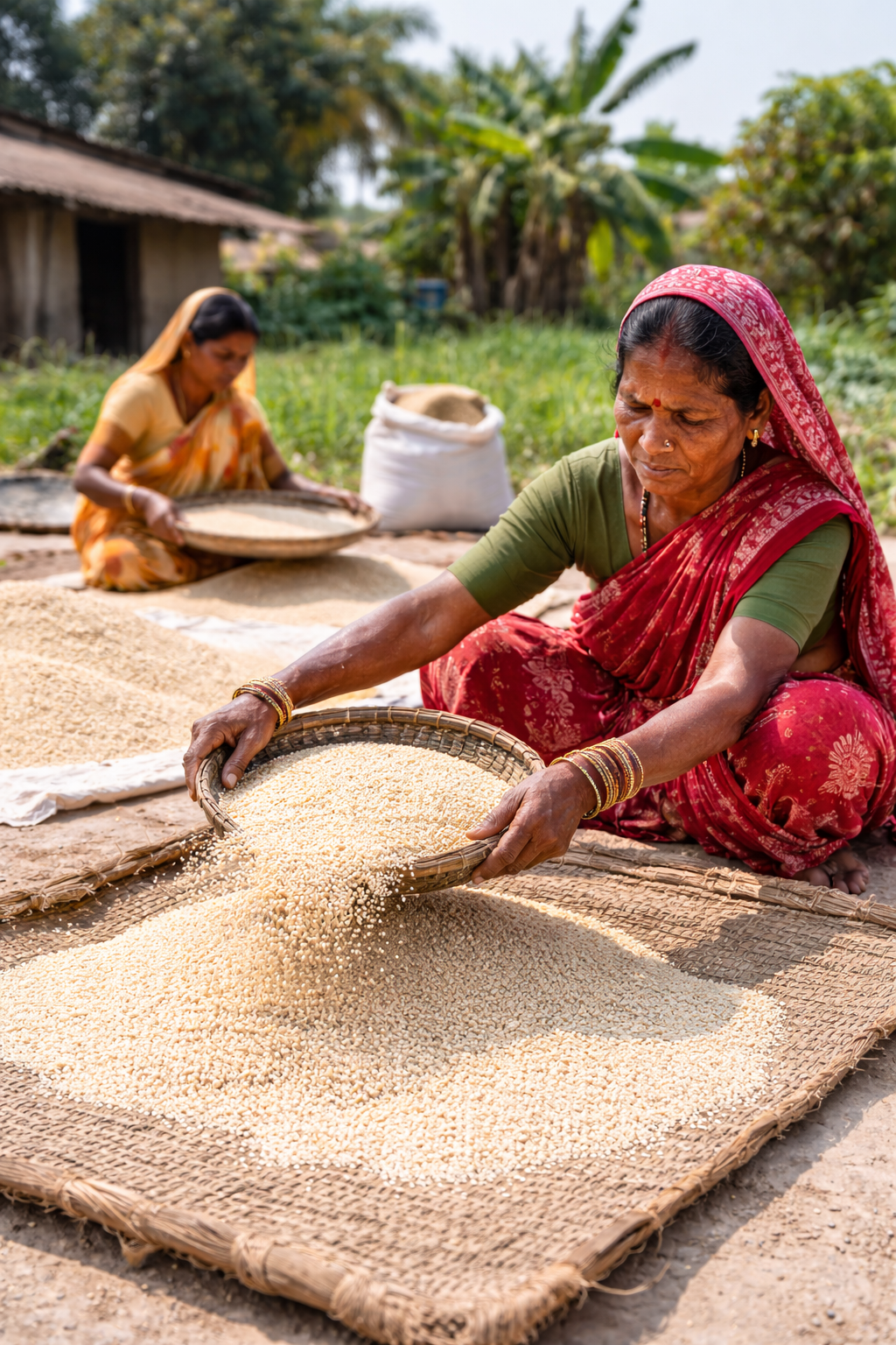 Two women sorting grain on mats outdoors with a rural setting.