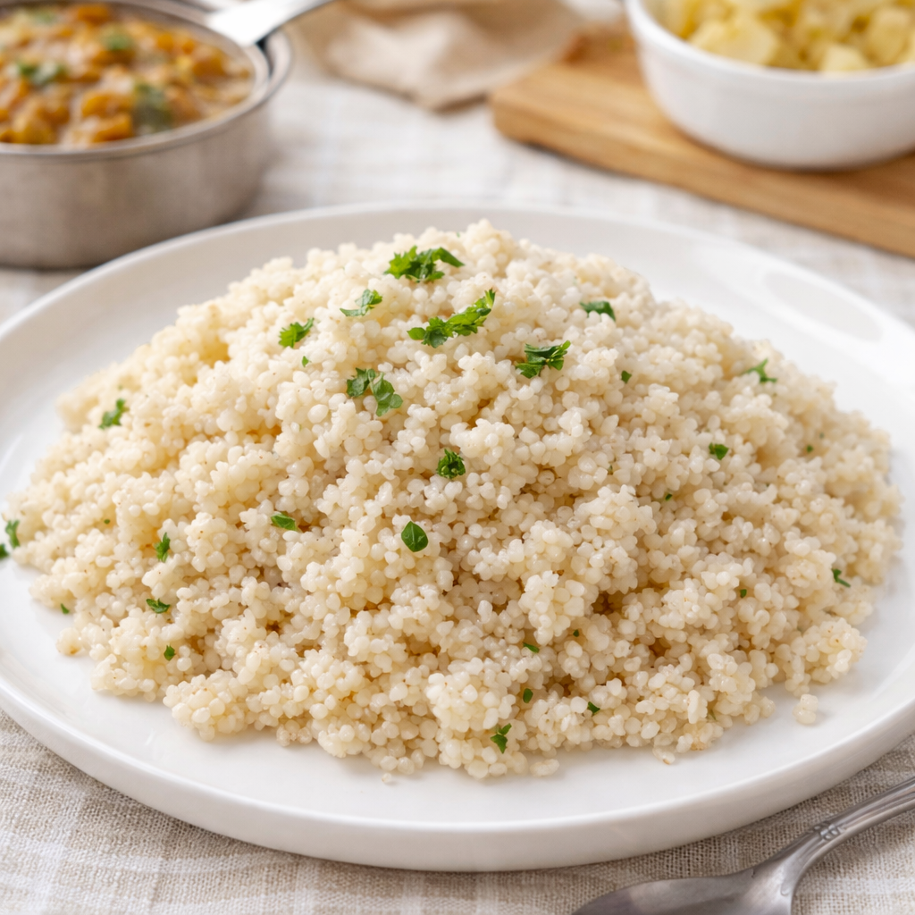 Plated couscous with green herbs on a white plate, with a blurred background of other dishes.